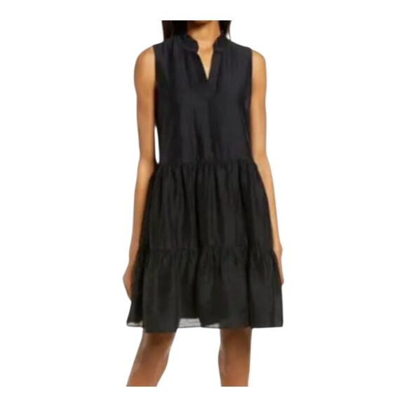 Chelsea28 Black Satin Ruffle Tiered Split Neck Sleeveless Mini Dress NWT Size S - Picture 1 of 13